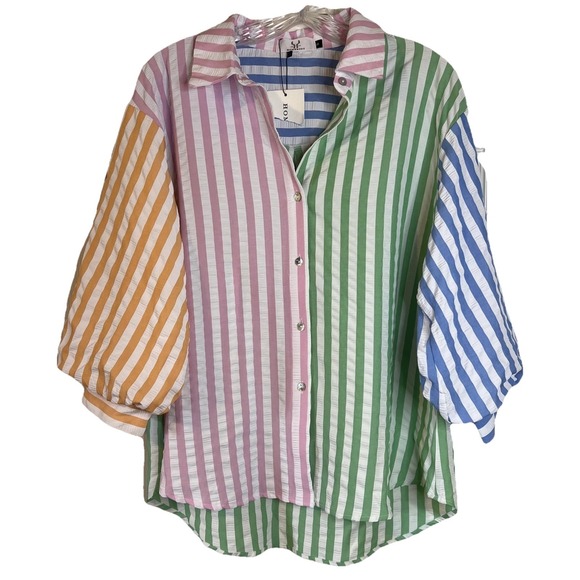 Homebody Tops - NWT Homebody Seersucker Colorblock Striped Puff LongSleeve  Button Up Sz Small